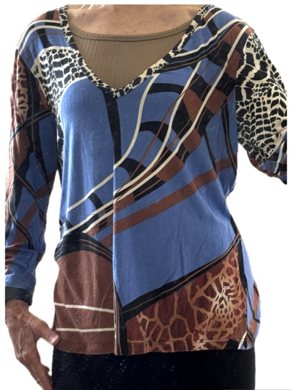 V Neck T Animal Print Blue Earth Tone 3/4 Long Sleeve Y2K Lynn Ritchie Sz L